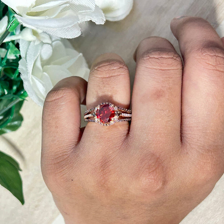 Round cut Ruby Halo Engagement ring 14k Rose Gold Finish Over July Birthstone promise ring - delicate ruby ring