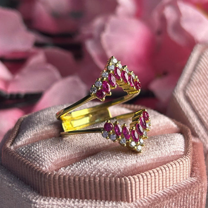 Ruby Wedding Enhancer Wrap Ring 14k Yellow gold over Engagement Ring Jacket - Gift For Mum