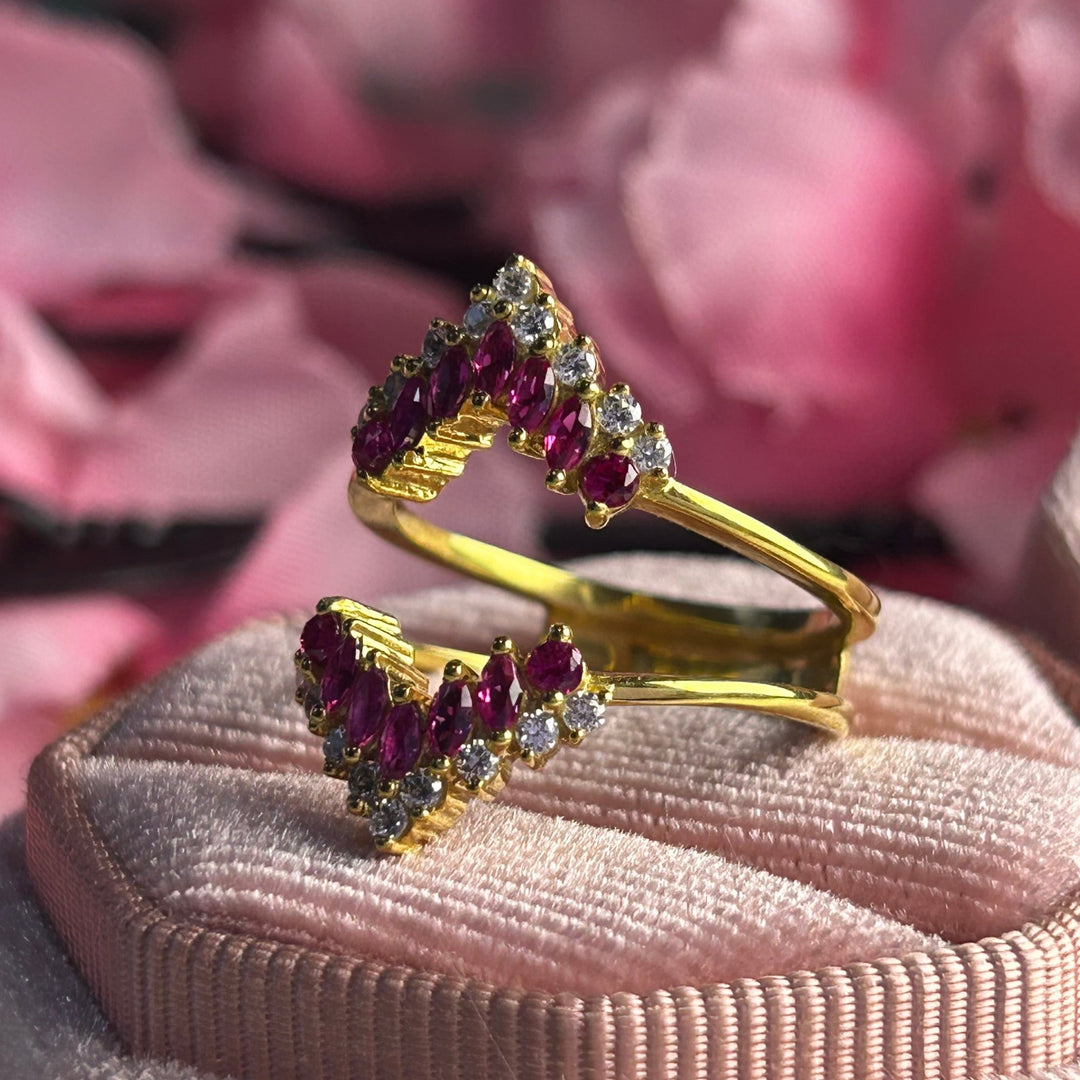 Ruby Wedding Enhancer Wrap Ring 14k Yellow gold over Engagement Ring Jacket - Gift For Mum