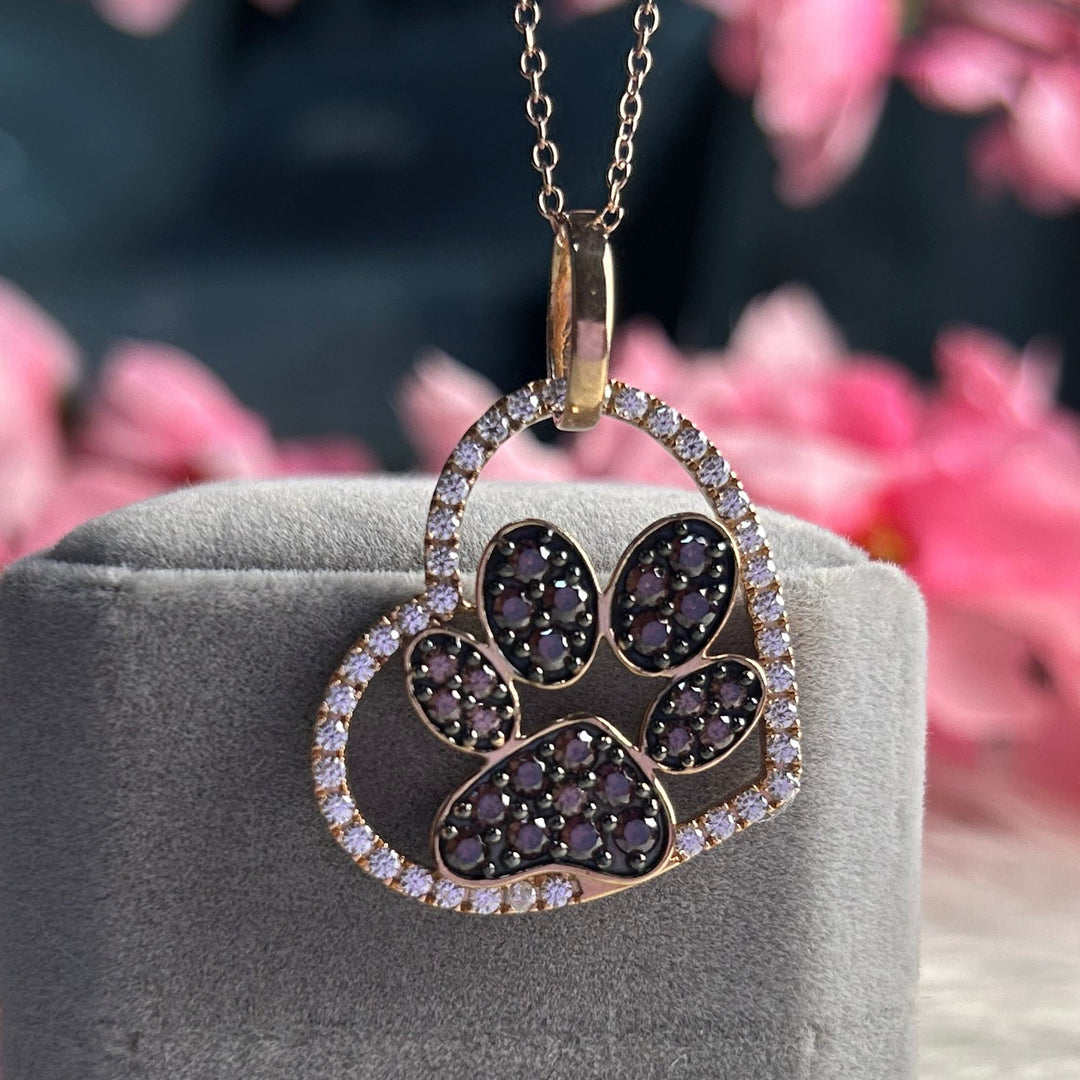 Dog Paw Heart Shaped Pendant Necklace in 14k Rose Gold Vermeil - Brown Diamonds Pendant - Gift For Her