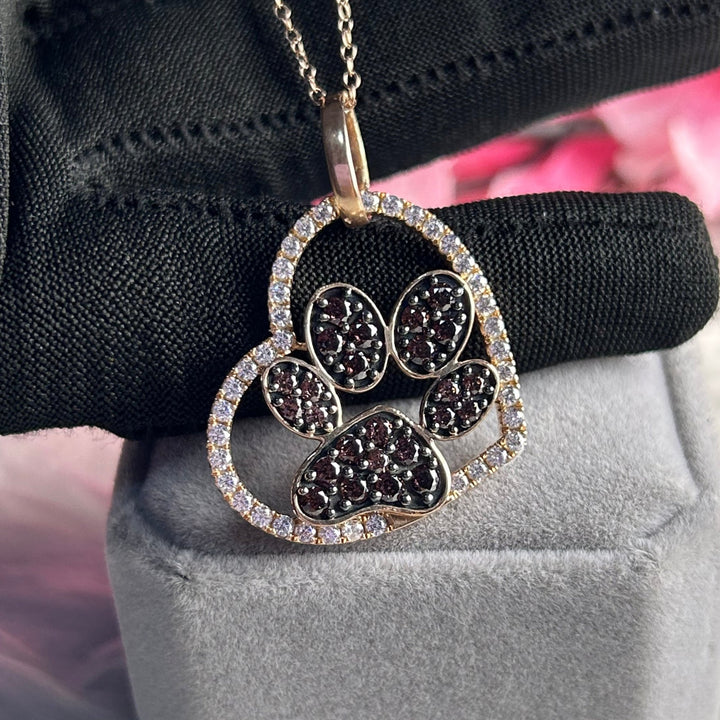 Dog Paw Heart Shaped Pendant Necklace in 14k Rose Gold Vermeil - Brown Diamonds Pendant - Gift For Her