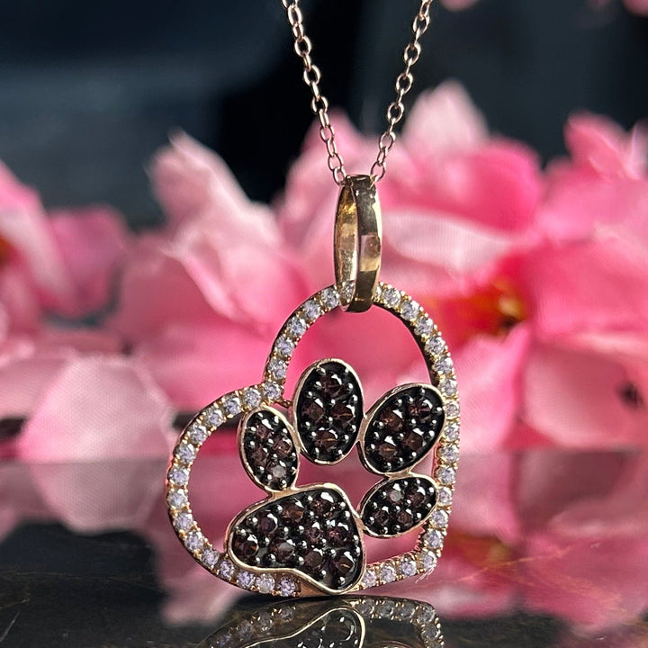 Dog Paw Heart Shaped Pendant Necklace in 14k Rose Gold Vermeil - Brown Diamonds Pendant - Gift For Her