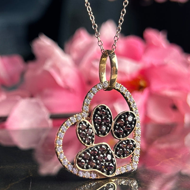 Dog Paw Heart Shaped Pendant Necklace in 14k Rose Gold Vermeil - Brown Diamonds Pendant - Gift For Her