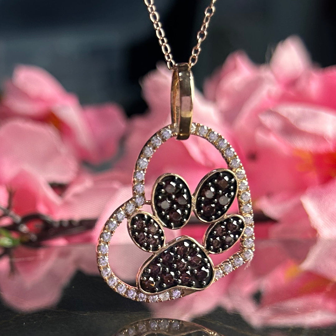 Dog Paw Heart Shaped Pendant Necklace in 14k Rose Gold Vermeil - Brown Diamonds Pendant - Gift For Her