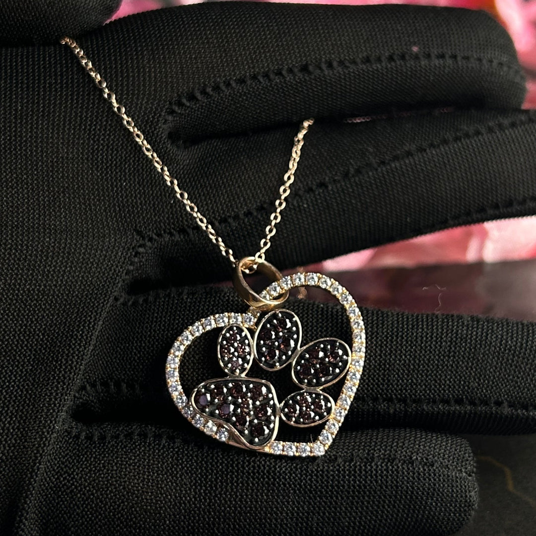 Dog Paw Heart Shaped Pendant Necklace in 14k Rose Gold Vermeil - Brown Diamonds Pendant - Gift For Her