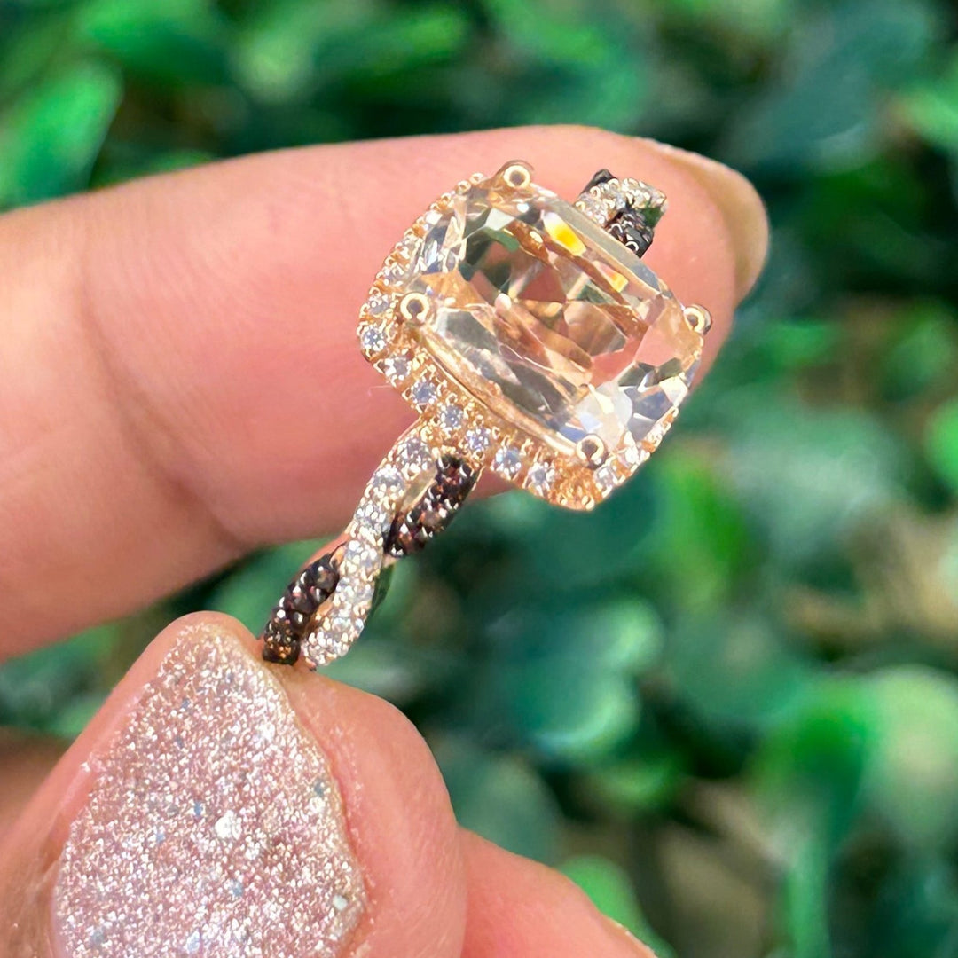 Cushion Cut Morganite & Brown diamond Vintage Ring - 14k Rose Gold Over Engagement band Ring- Promise Ring- Anniversary Gifts