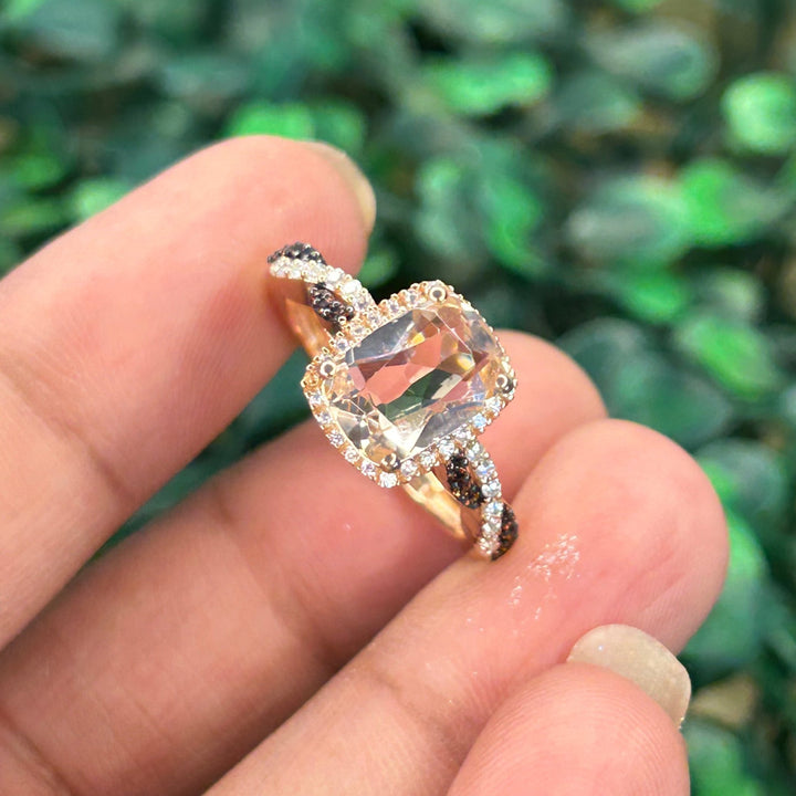 Cushion Cut Morganite & Brown diamond Vintage Ring - 14k Rose Gold Over Engagement band Ring- Promise Ring- Anniversary Gifts