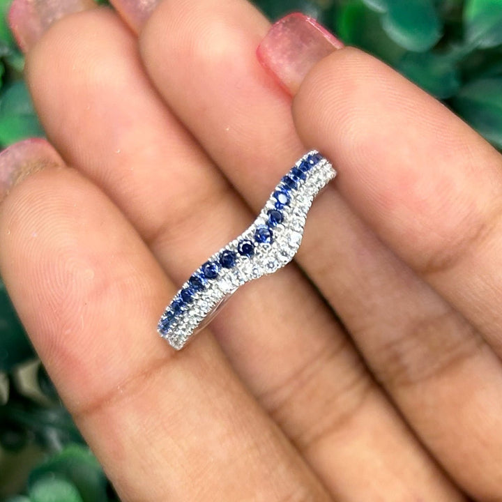 Blue Sapphire and Diamond Curved Engagement & Wedding Band Ring in Sterling Silver Double Row Band Ring - Gift Idea For Her