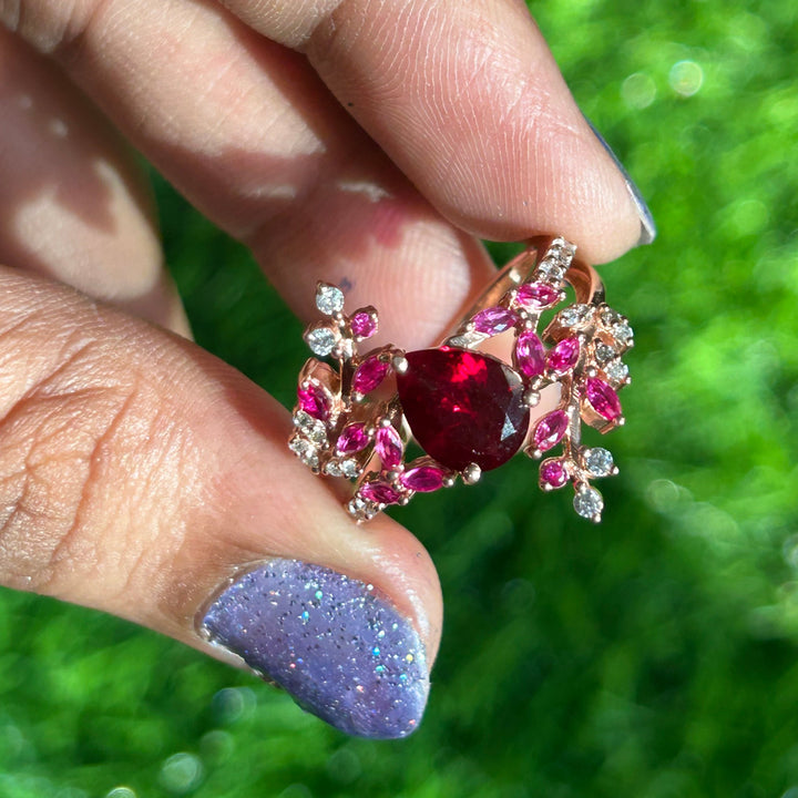 Ruby & Diamond Leaf Engagement Ring - 14k Rose Gold Finish - Christmas Gift For her