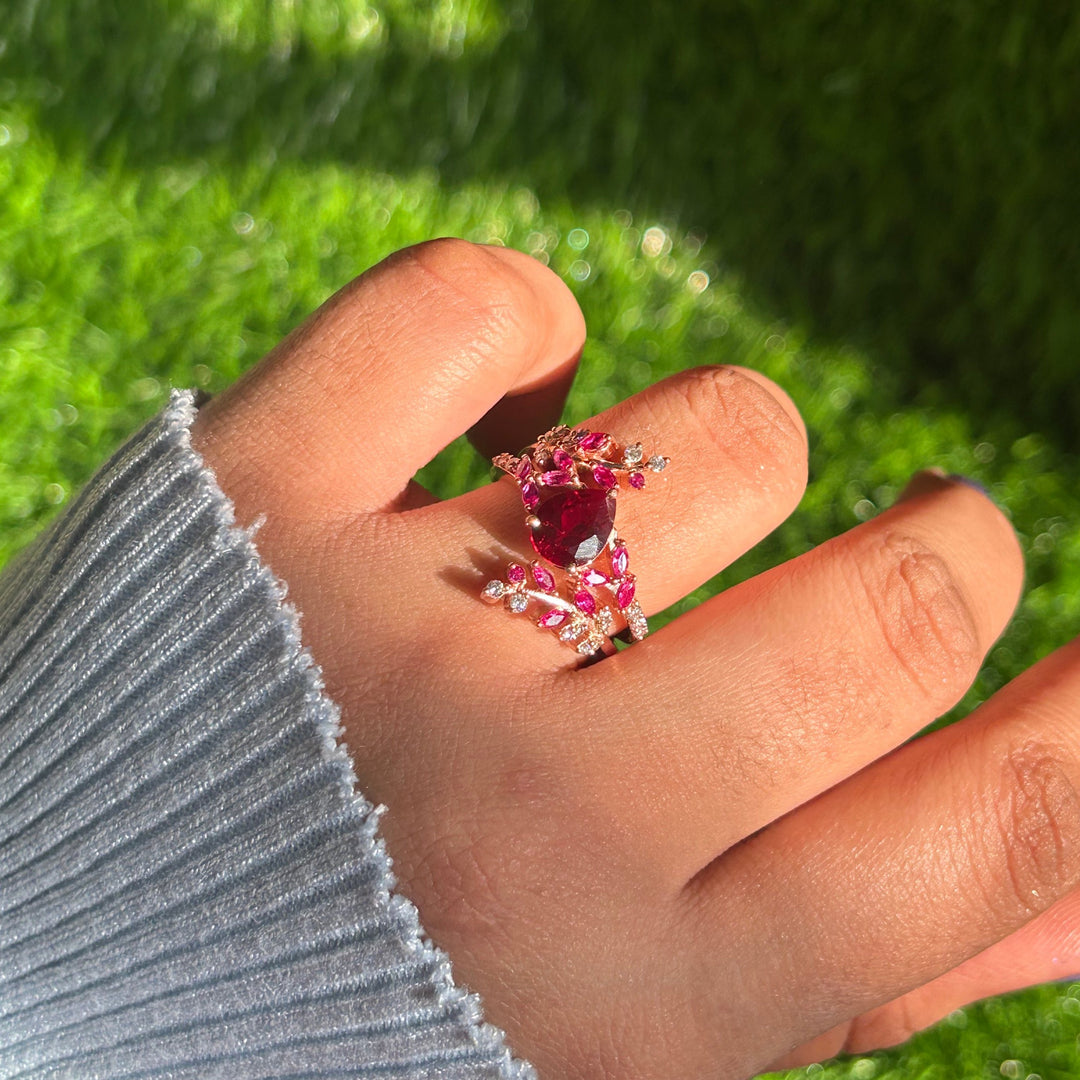 Ruby & Diamond Leaf Engagement Ring - 14k Rose Gold Finish - Christmas Gift For her