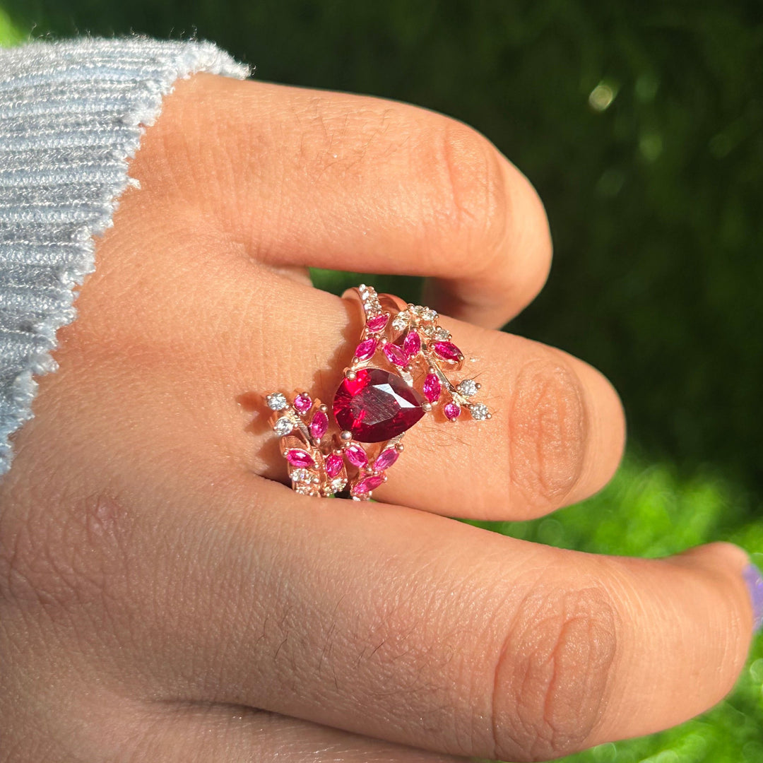 Ruby & Diamond Leaf Engagement Ring - 14k Rose Gold Finish - Christmas Gift For her