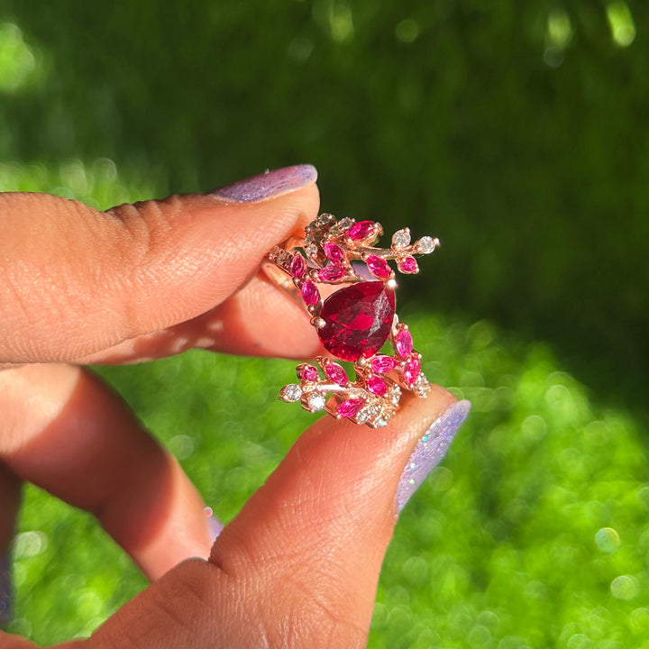 Ruby & Diamond Leaf Engagement Ring - 14k Rose Gold Finish - Christmas Gift For her