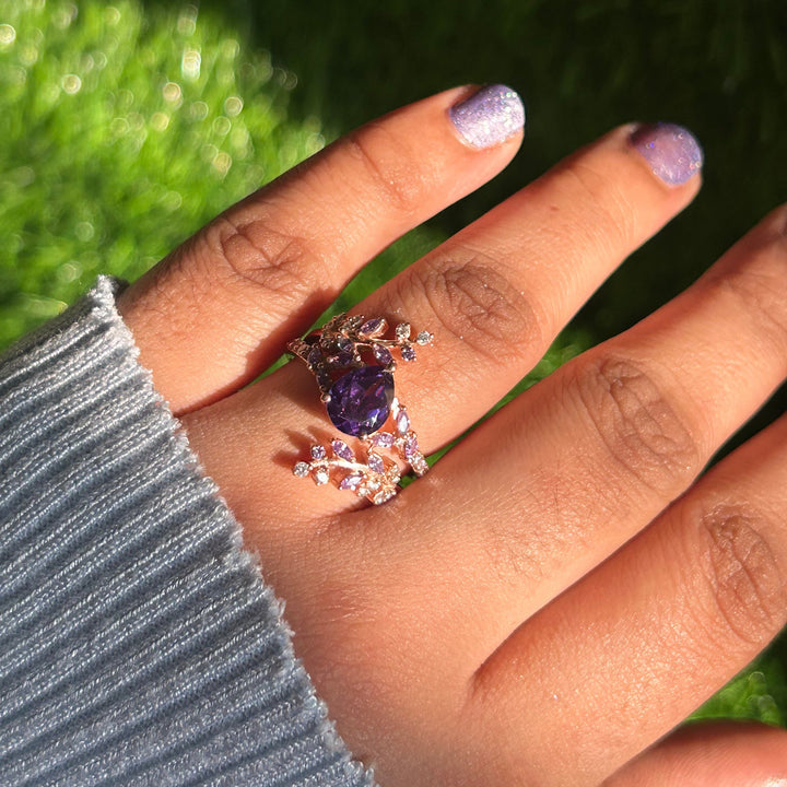 Pear Cut Amethyst Nature Inspried Leaf Ring - 14k Rose Gold Finish - Birthday Gift For Wife