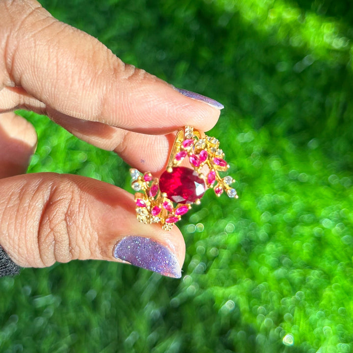 Oval Cut Red Garnet Leaf Ring in 14k Yellow Gold Finish - January Birthstone - Anniversary Gift