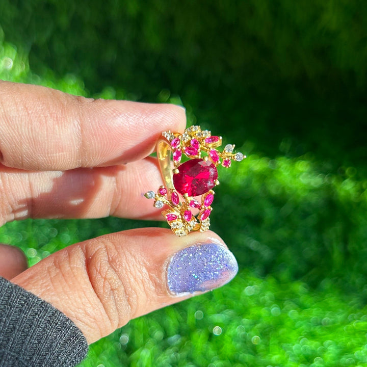 Oval Cut Red Garnet Leaf Ring in 14k Yellow Gold Finish - January Birthstone - Anniversary Gift