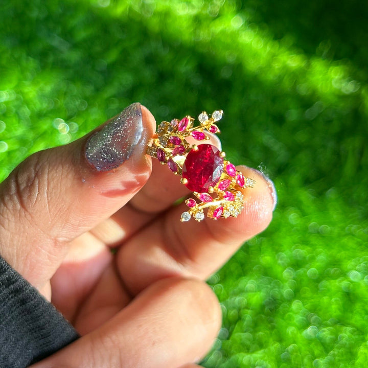 Oval Cut Red Garnet Leaf Ring in 14k Yellow Gold Finish - January Birthstone - Anniversary Gift