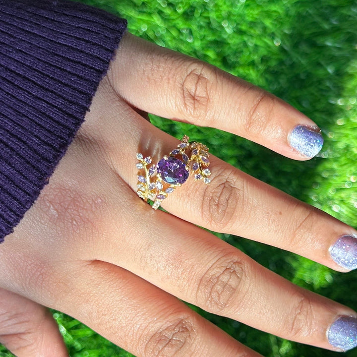 Natural Amethyst Leaf Ring in 14k Yellow Gold Finish - February Birthstone - Birthday Gift