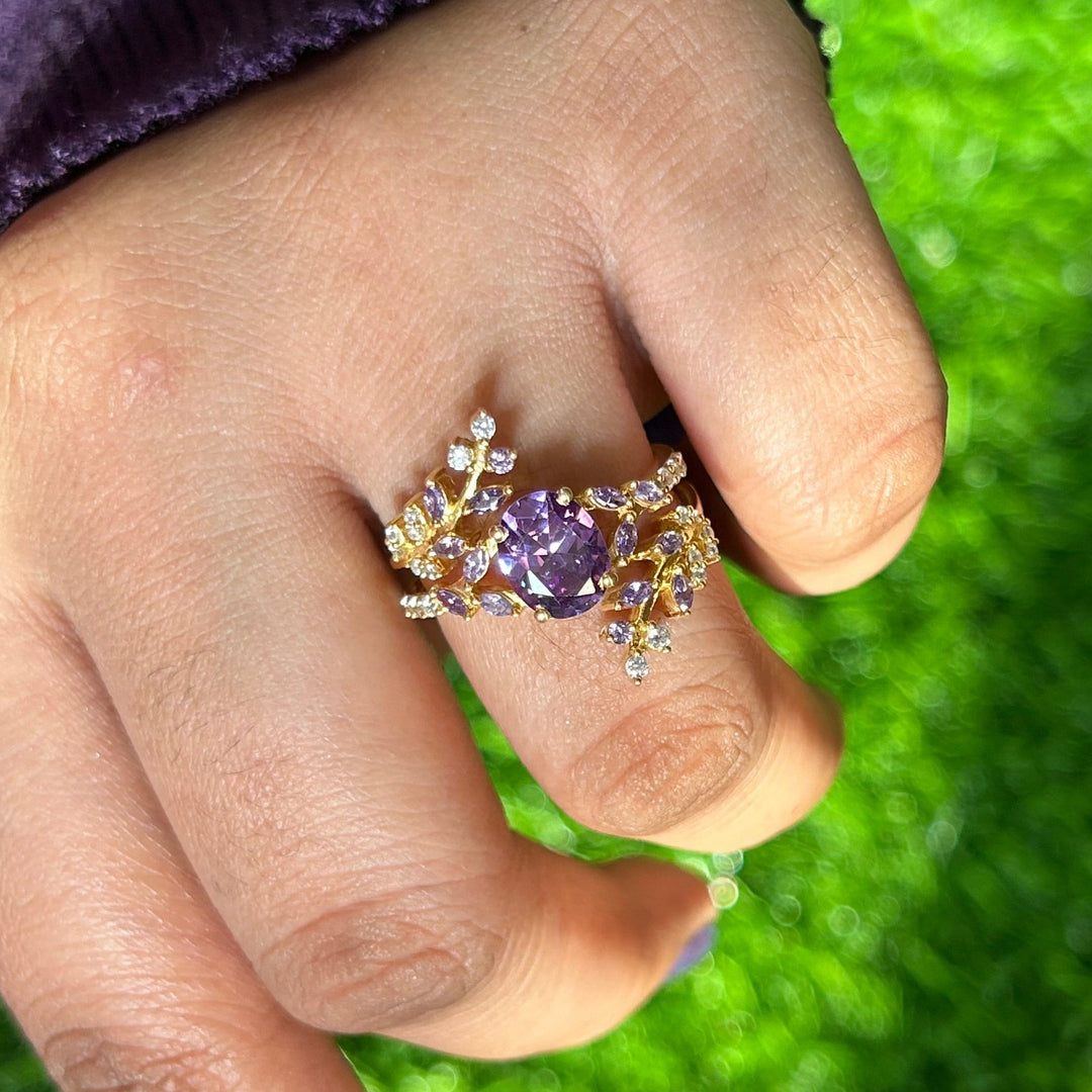 Natural Amethyst Leaf Ring in 14k Yellow Gold Finish - February Birthstone - Birthday Gift