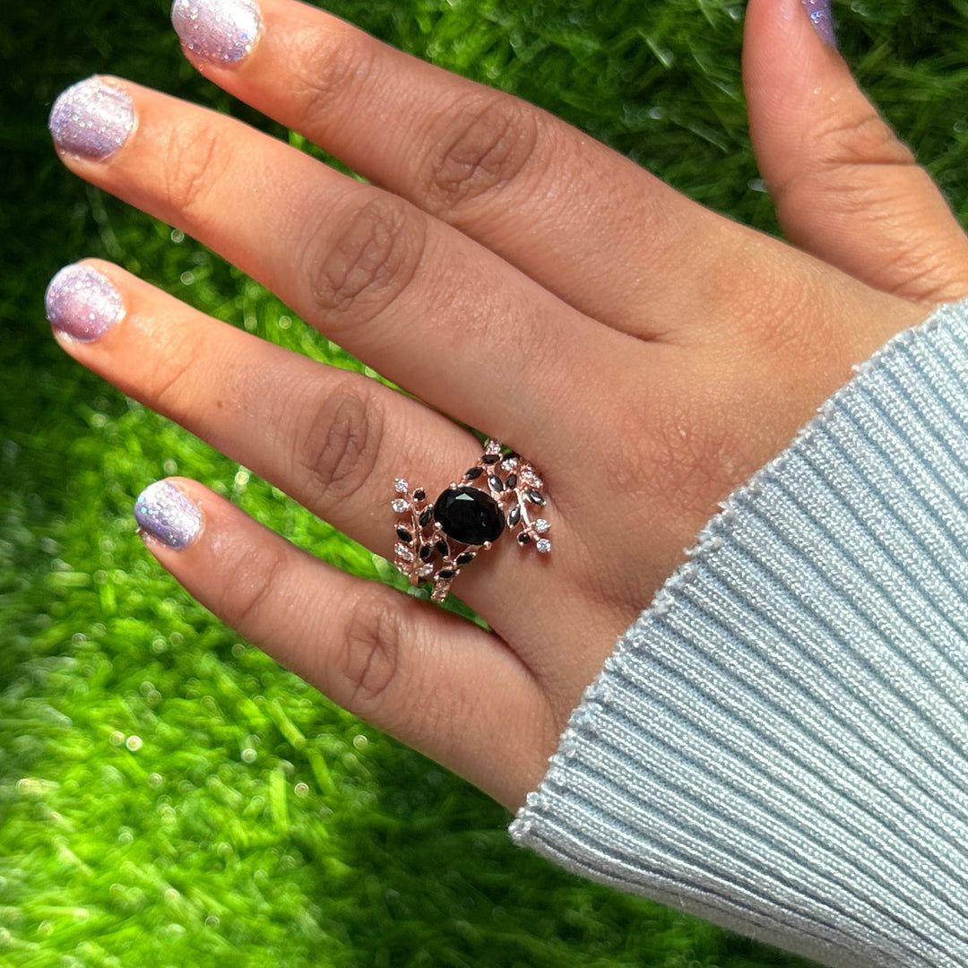 Black Onyx & Diamond Leaf Ring in 14k Rose Gold Finish - Wedding Proposal Ring - Gift For Her