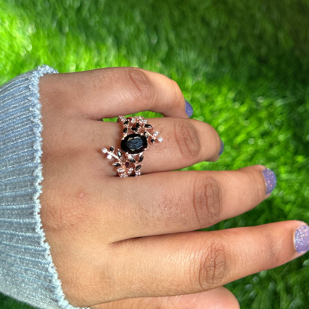 Black Onyx & Diamond Leaf Ring in 14k Rose Gold Finish - Wedding Proposal Ring - Gift For Her