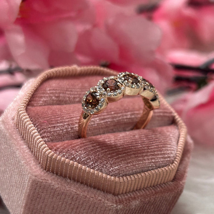 Natural Round Cut Champagne Diamond Ring in 14k Rose Gold Finish - Bridal Halo Ring - Proposal Ring For Her