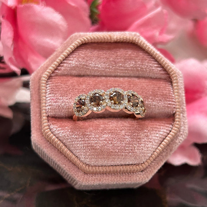 Natural Round Cut Champagne Diamond Ring in 14k Rose Gold Finish - Bridal Halo Ring - Proposal Ring For Her