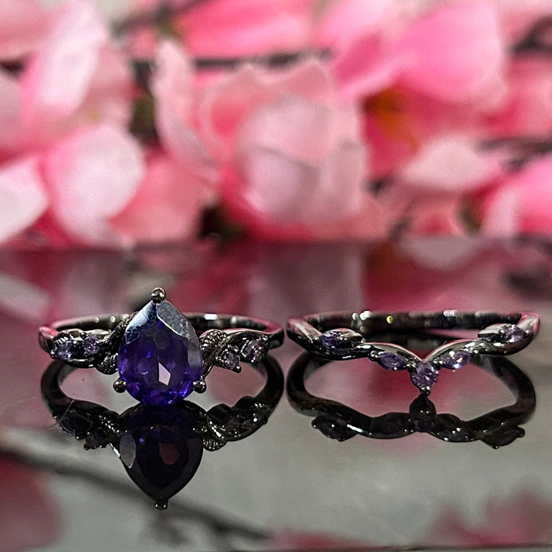 Pear Shape Amethyst Black Leaf Engagement Ring Set in 14k Black Gold Finish - Anniversary Gift For Her