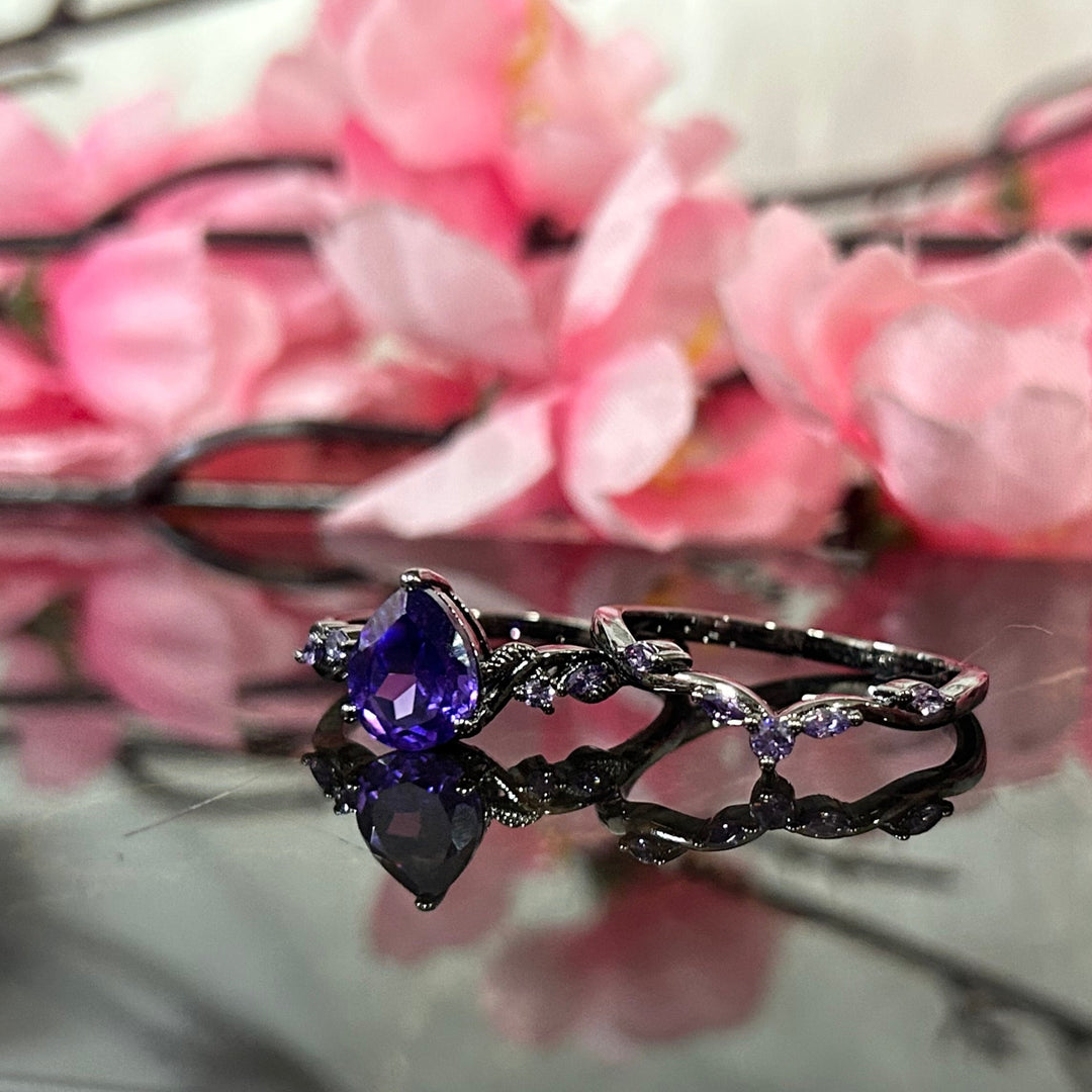 Pear Shape Amethyst Black Leaf Engagement Ring Set in 14k Black Gold Finish - Anniversary Gift For Her