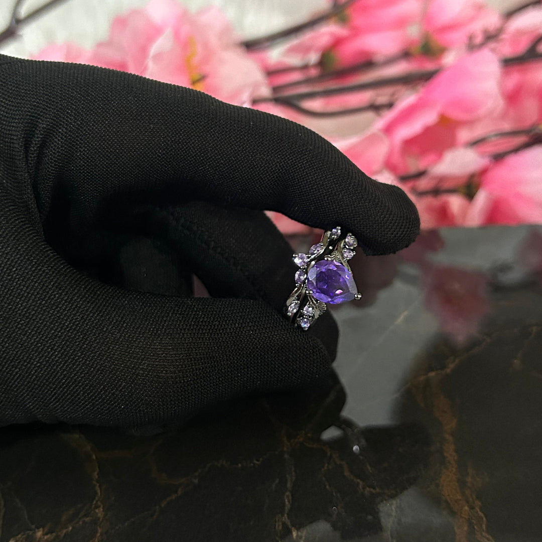 Pear Shape Amethyst Black Leaf Engagement Ring Set in 14k Black Gold Finish - Anniversary Gift For Her