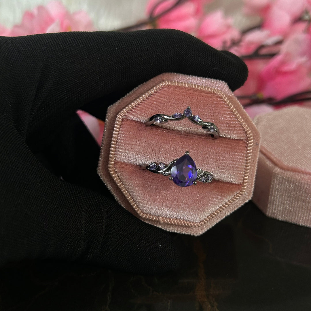 Pear Shape Amethyst Black Leaf Engagement Ring Set in 14k Black Gold Finish - Anniversary Gift For Her