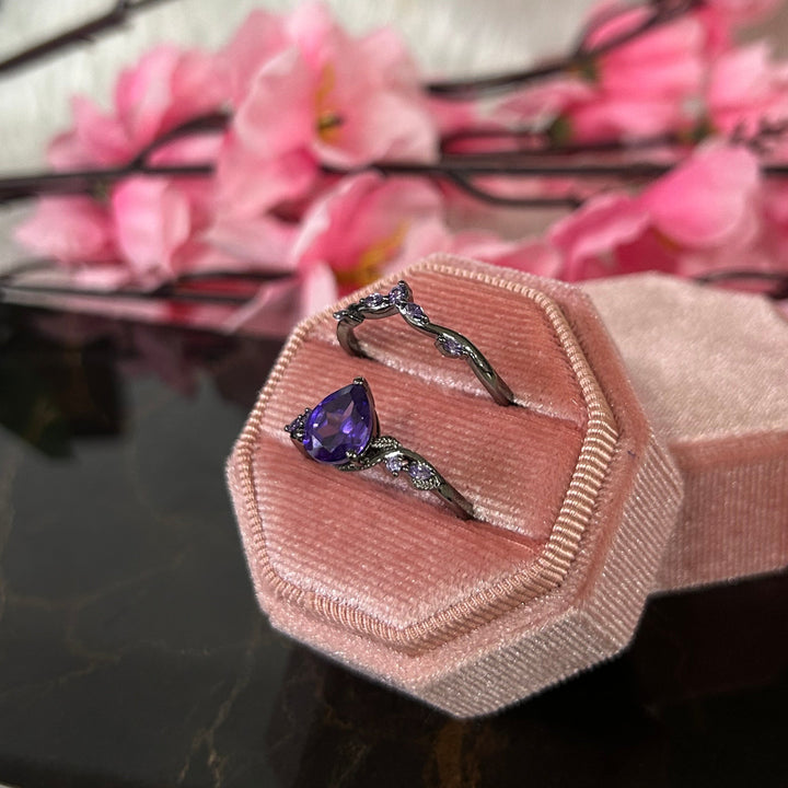 Pear Shape Amethyst Black Leaf Engagement Ring Set in 14k Black Gold Finish - Anniversary Gift For Her