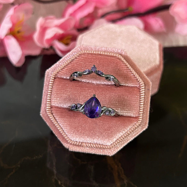 Pear Shape Amethyst Black Leaf Engagement Ring Set in 14k Black Gold Finish - Anniversary Gift For Her