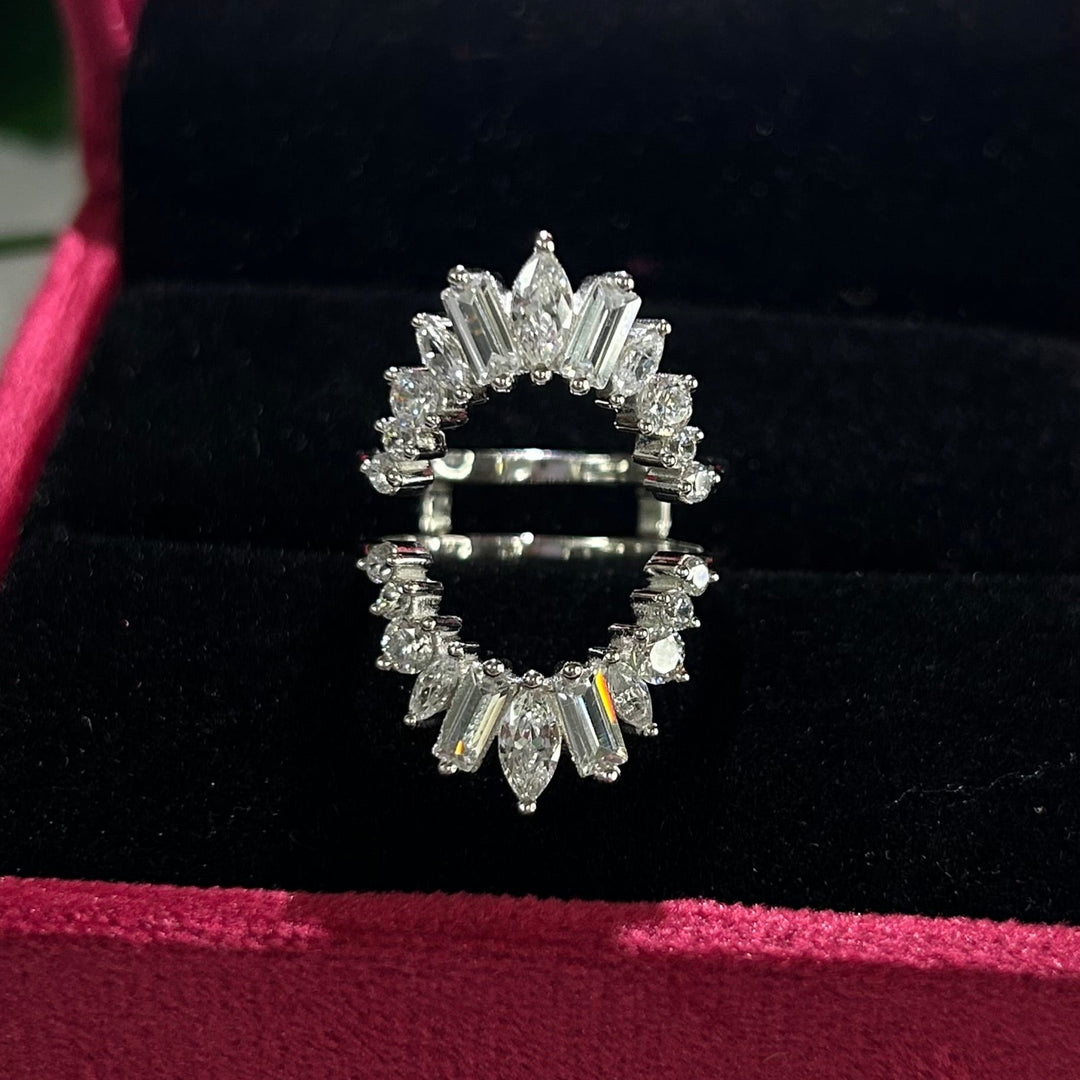 Baguette & Marquise & Round Diamond Wrap Ring 14k White Gold Finish - Vintage Ring Enhancer - Gifts