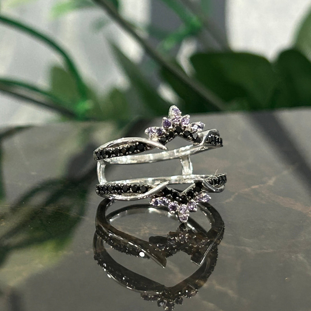 Dainty Amethyst & Black Diamond Wedding Enhancer Wrap Ring - Stacking Bridal Promise Ring Anniversary Gift