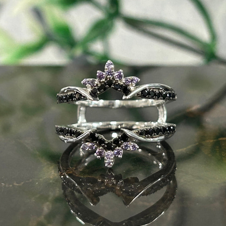 Dainty Amethyst & Black Diamond Wedding Enhancer Wrap Ring - Stacking Bridal Promise Ring Anniversary Gift