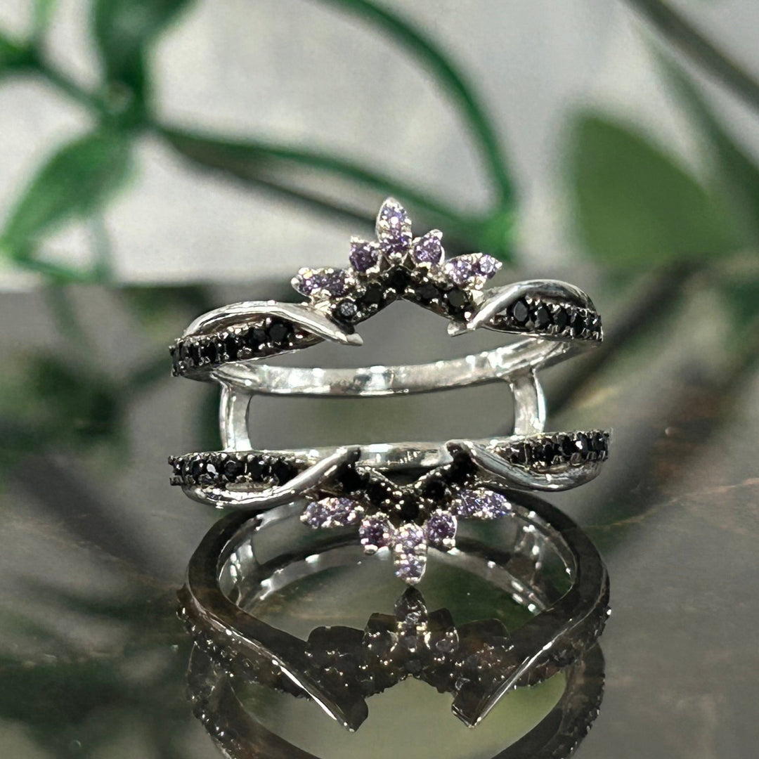 Dainty Amethyst & Black Diamond Wedding Enhancer Wrap Ring - Stacking Bridal Promise Ring Anniversary Gift