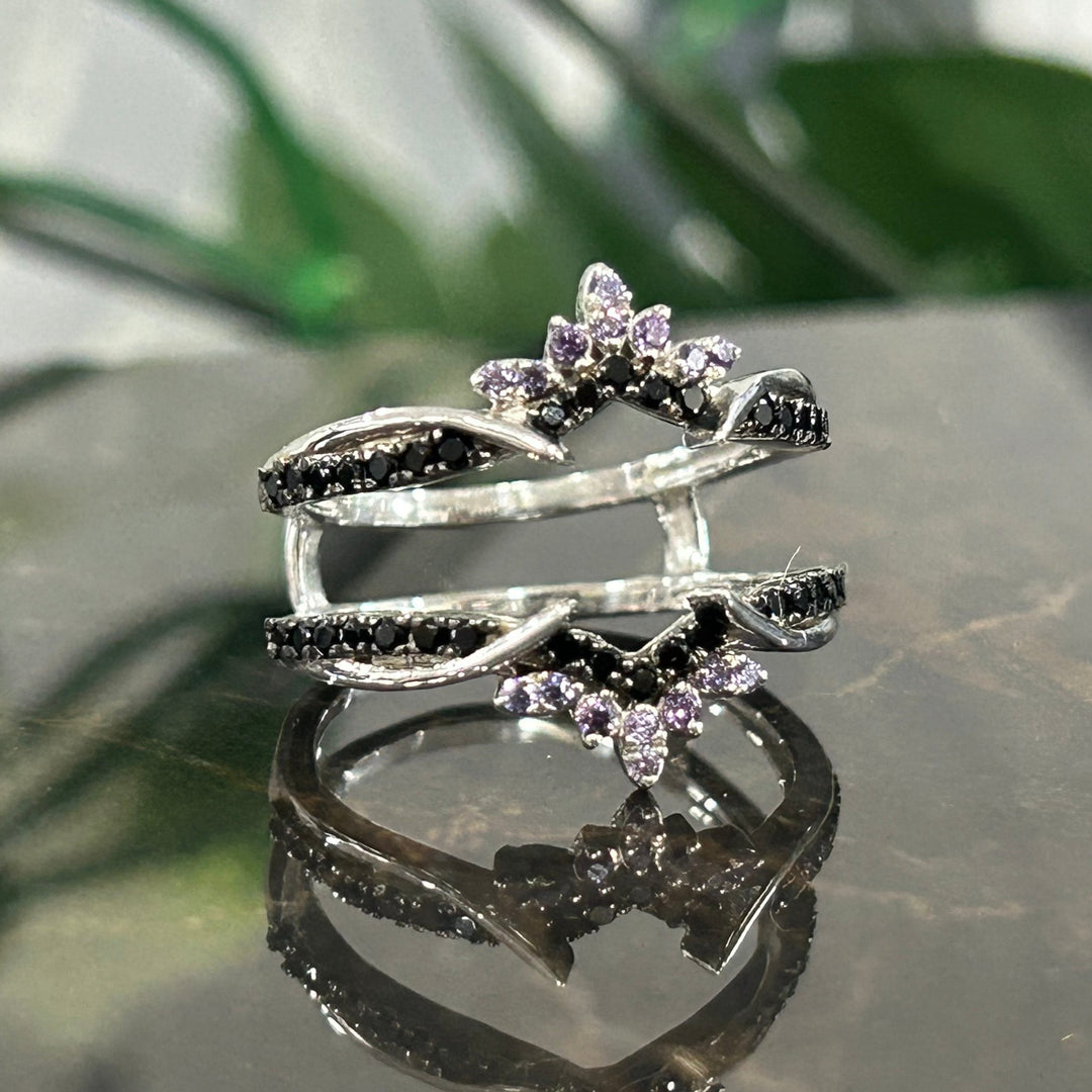 Dainty Amethyst & Black Diamond Wedding Enhancer Wrap Ring - Stacking Bridal Promise Ring Anniversary Gift