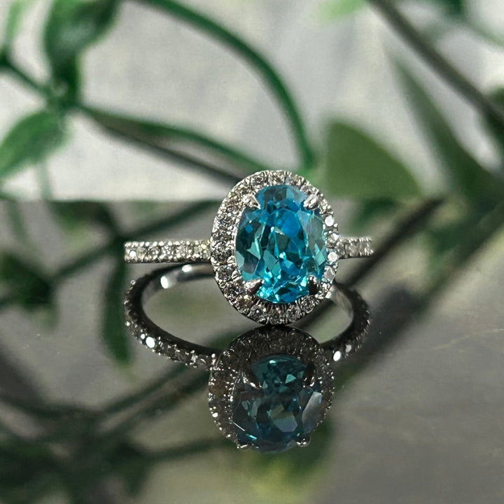 Blue Topaz Halo Wedding & Engagement Ring in 925 Sterling Silver