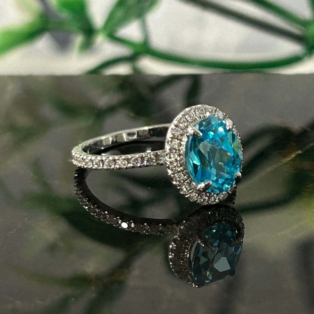 Blue Topaz Halo Wedding & Engagement Ring in 925 Sterling Silver