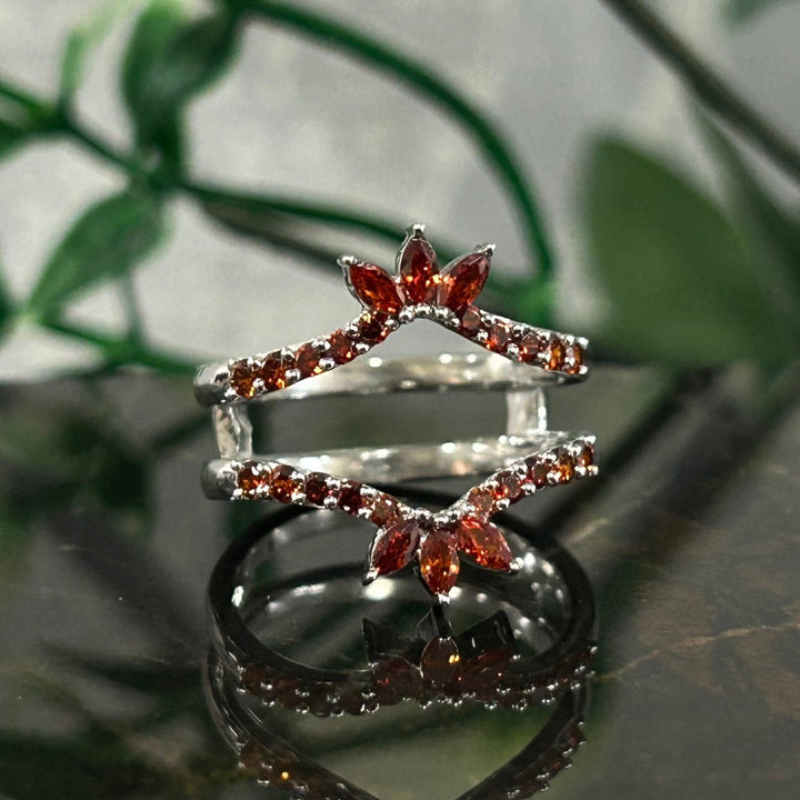 Red Garnet Chevron Crown Shape Enhancer Guard For Women - January Birthstone Ring