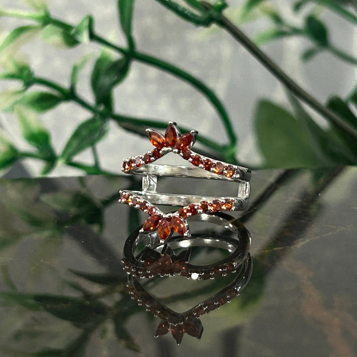 Red Garnet Chevron Crown Shape Enhancer Guard For Women - January Birthstone Ring