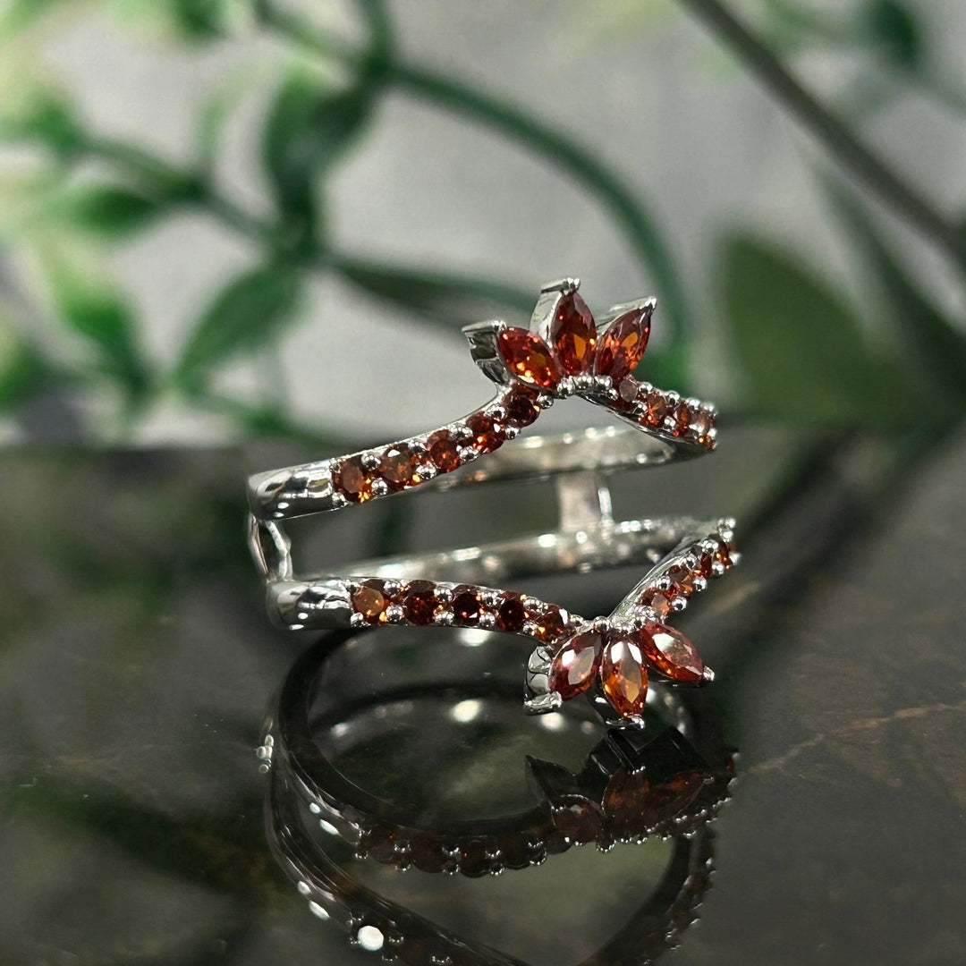 Red Garnet Chevron Crown Shape Enhancer Guard For Women - January Birthstone Ring