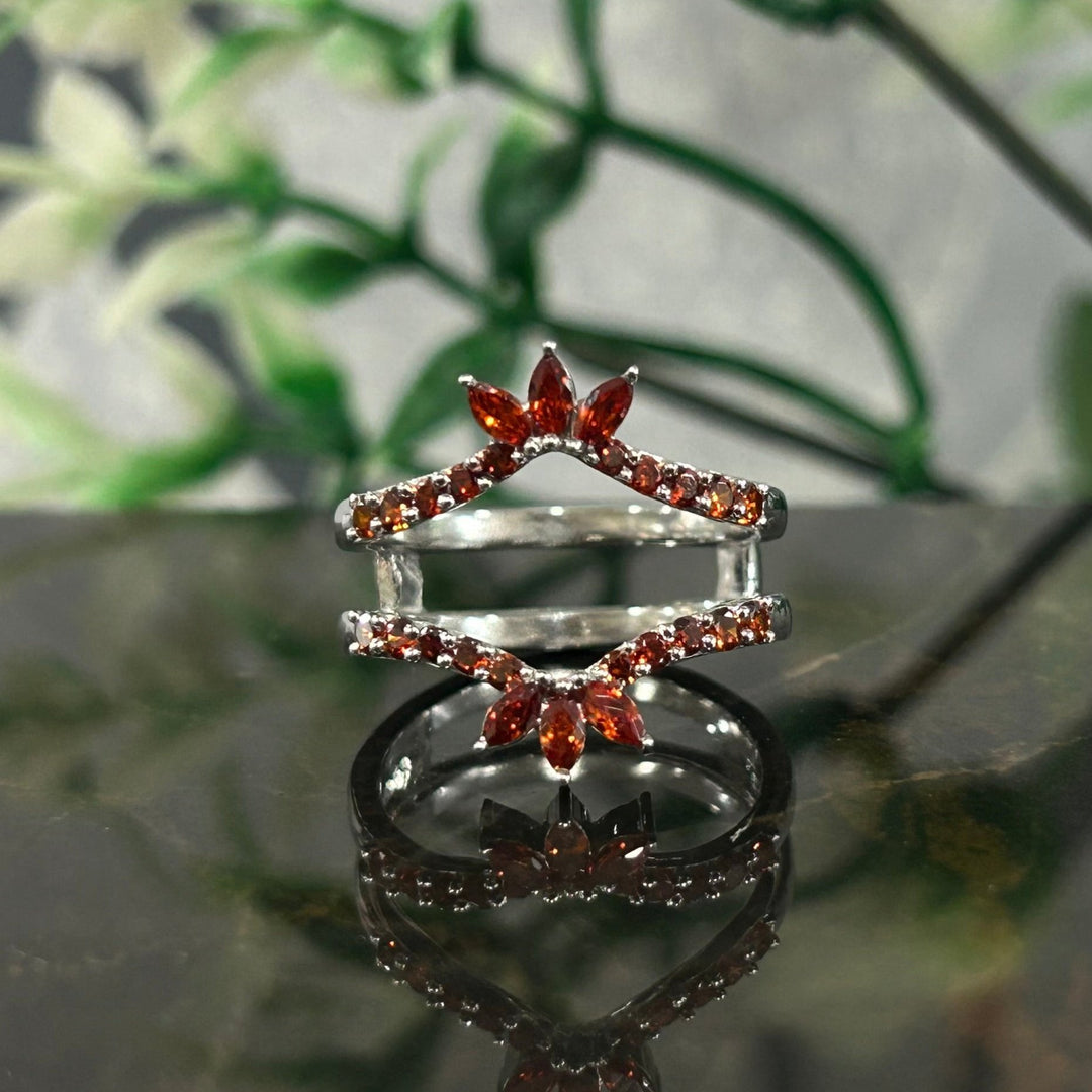 Red Garnet Chevron Crown Shape Enhancer Guard For Women - January Birthstone Ring