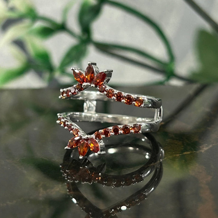 Red Garnet Chevron Crown Shape Enhancer Guard For Women - January Birthstone Ring