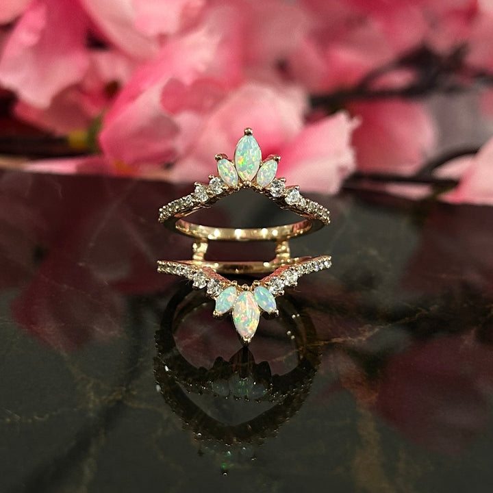 Unique Fire Opal Curved wedding Ring jacket in 14k Rose Gold Over - Gift For Wife