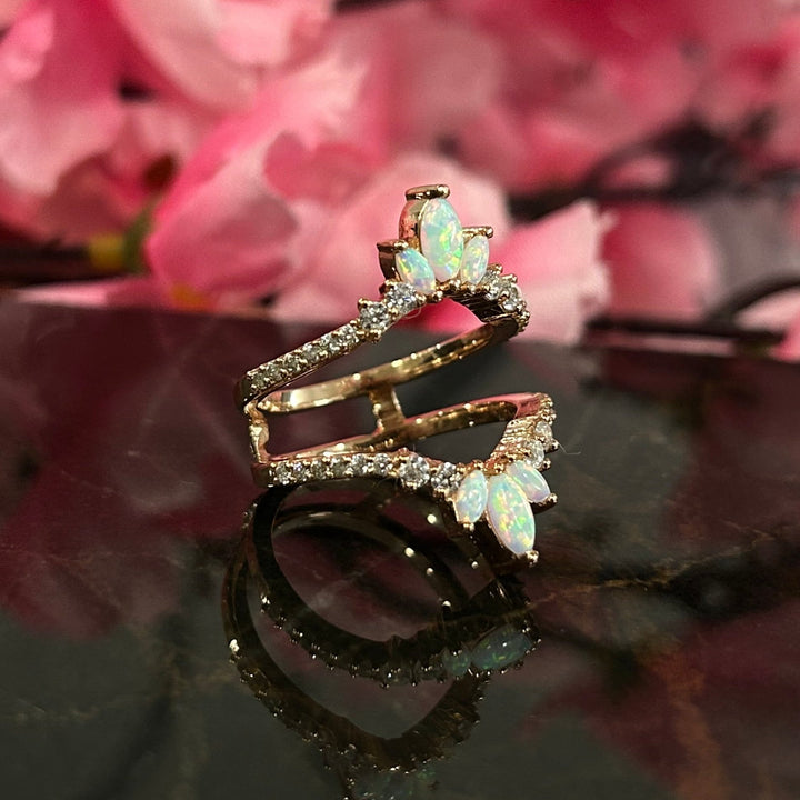 Unique Fire Opal Curved wedding Ring jacket in 14k Rose Gold Over - Gift For Wife