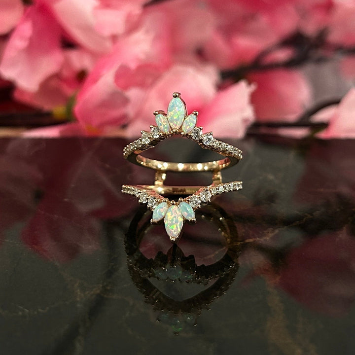 Unique Fire Opal Curved wedding Ring jacket in 14k Rose Gold Over - Gift For Wife