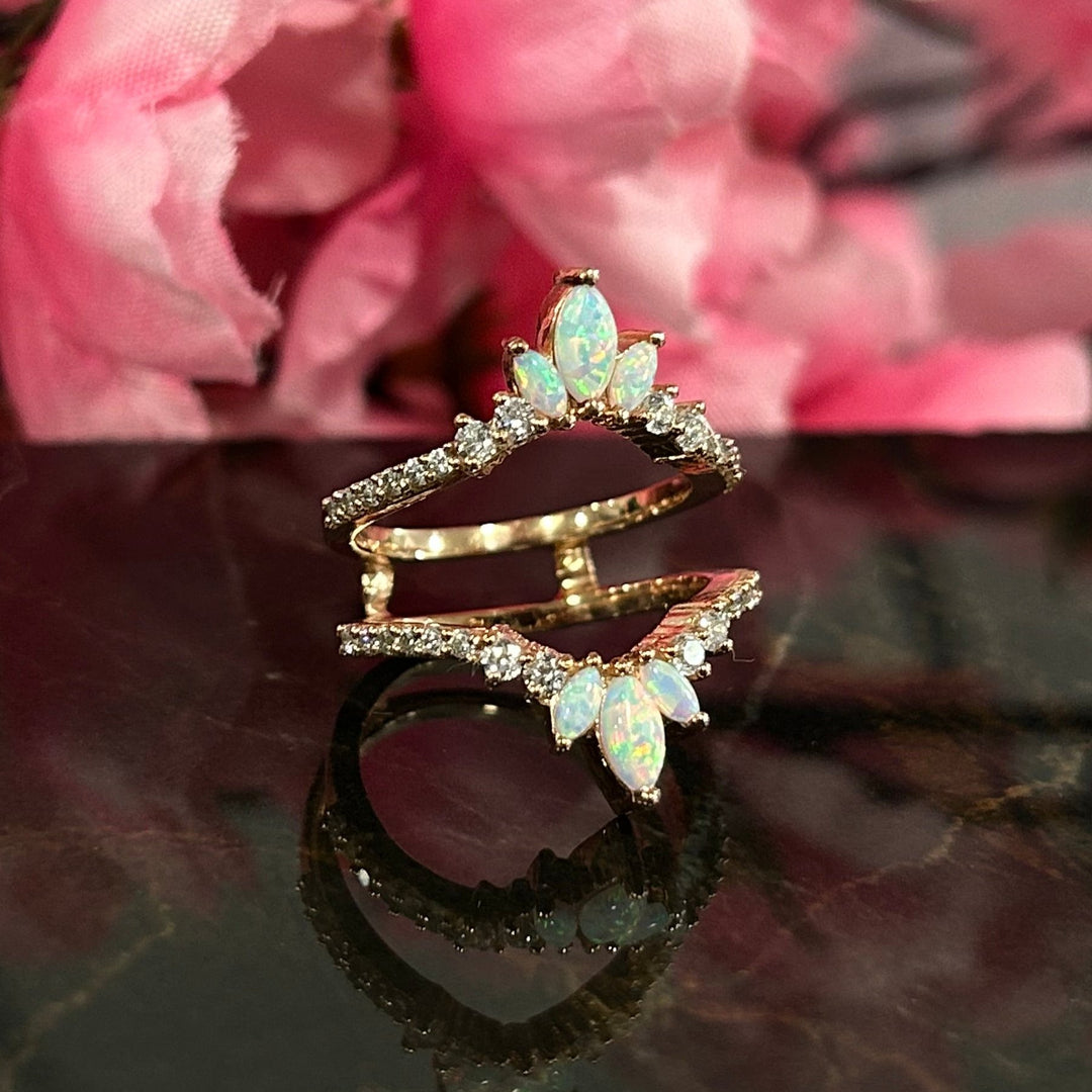 Unique Fire Opal Curved wedding Ring jacket in 14k Rose Gold Over - Gift For Wife