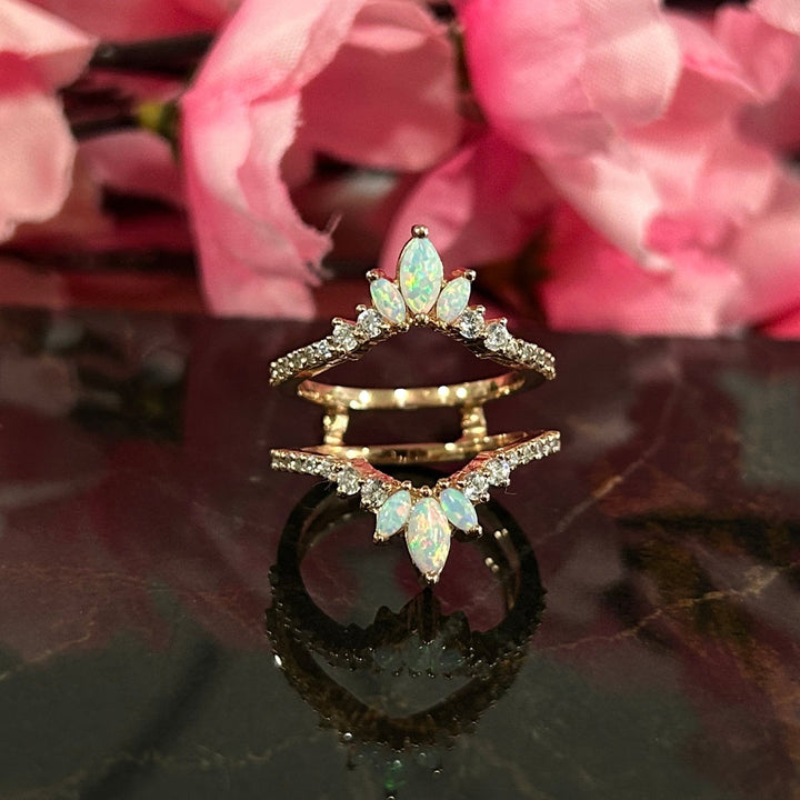 Unique Fire Opal Curved wedding Ring jacket in 14k Rose Gold Over - Gift For Wife