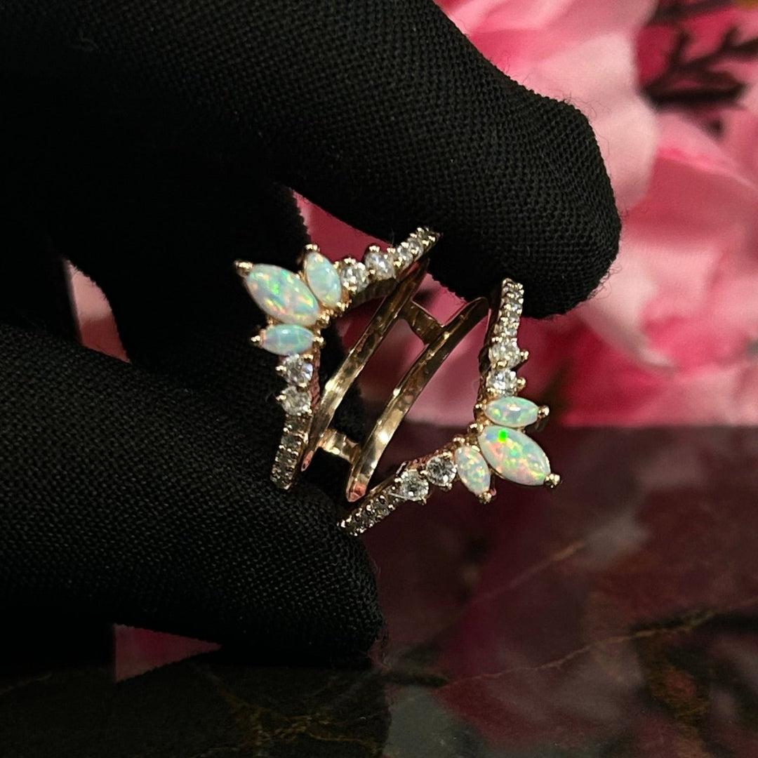 Unique Fire Opal Curved wedding Ring jacket in 14k Rose Gold Over - Gift For Wife